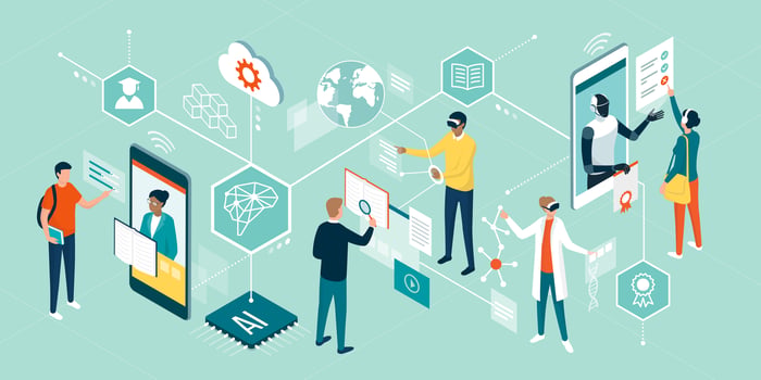 Illustration of students touching screens