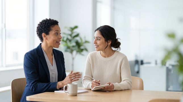 Two people interacting or having a discussion