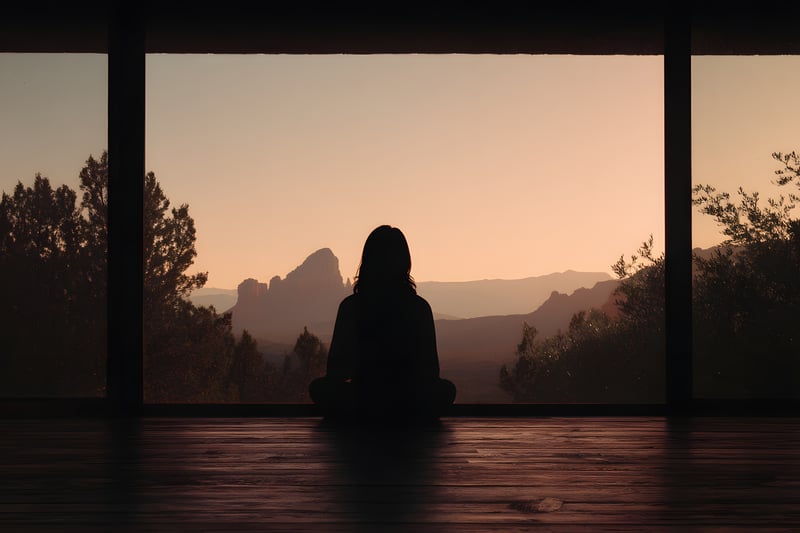 Person sitting cross-legged indoors, looking through a large window at desert mountains at sunset.