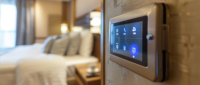 a modern hotel room featuring a comfortable bed and a sleek smart device for enhanced guest convenience