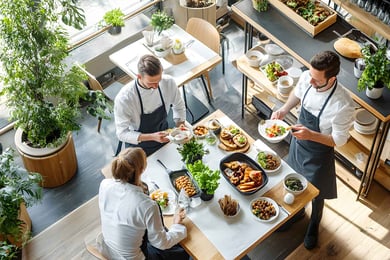 three people at table eating