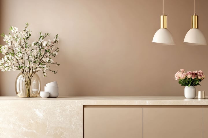 kitchen countertop with flowers and lamps