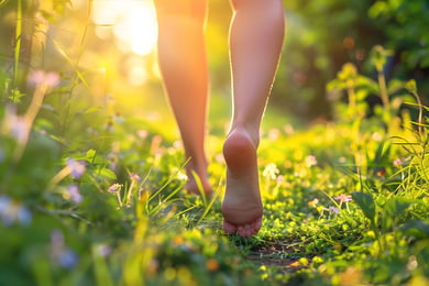 a woman walks barefoot through a sunlit grassy field