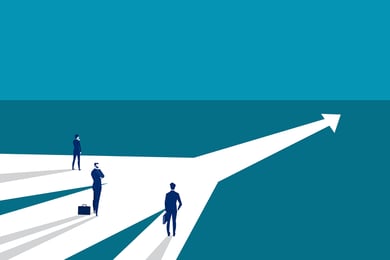 three people standing in front of one way