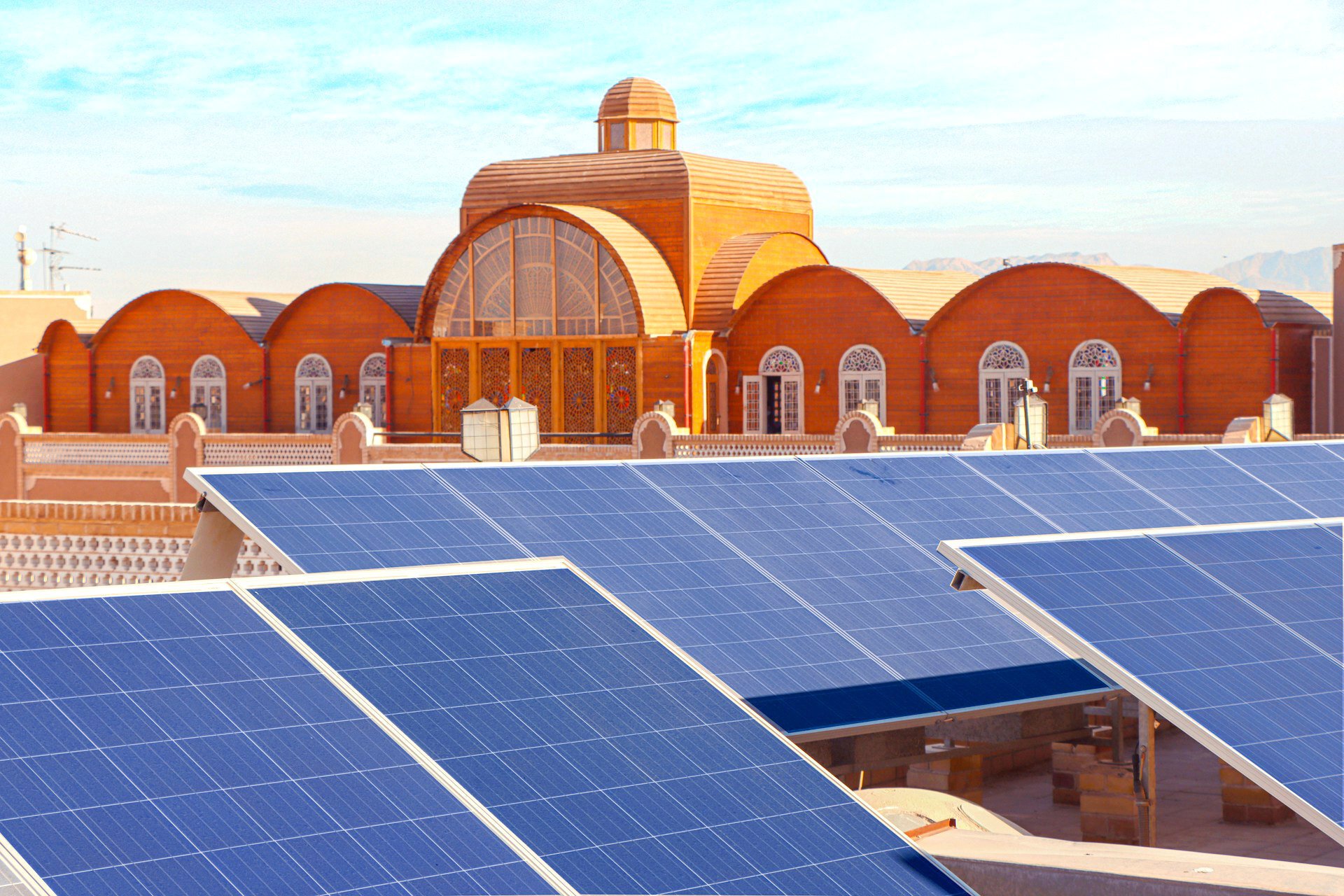 Solar panels on a hotel rooftop