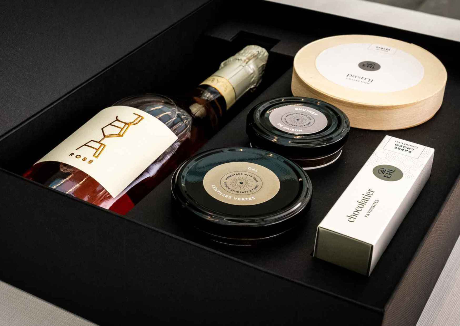 EHL gourmet gift box with prosecco, shortbread, chutney, fois gras, lentil dal and chocolate bar