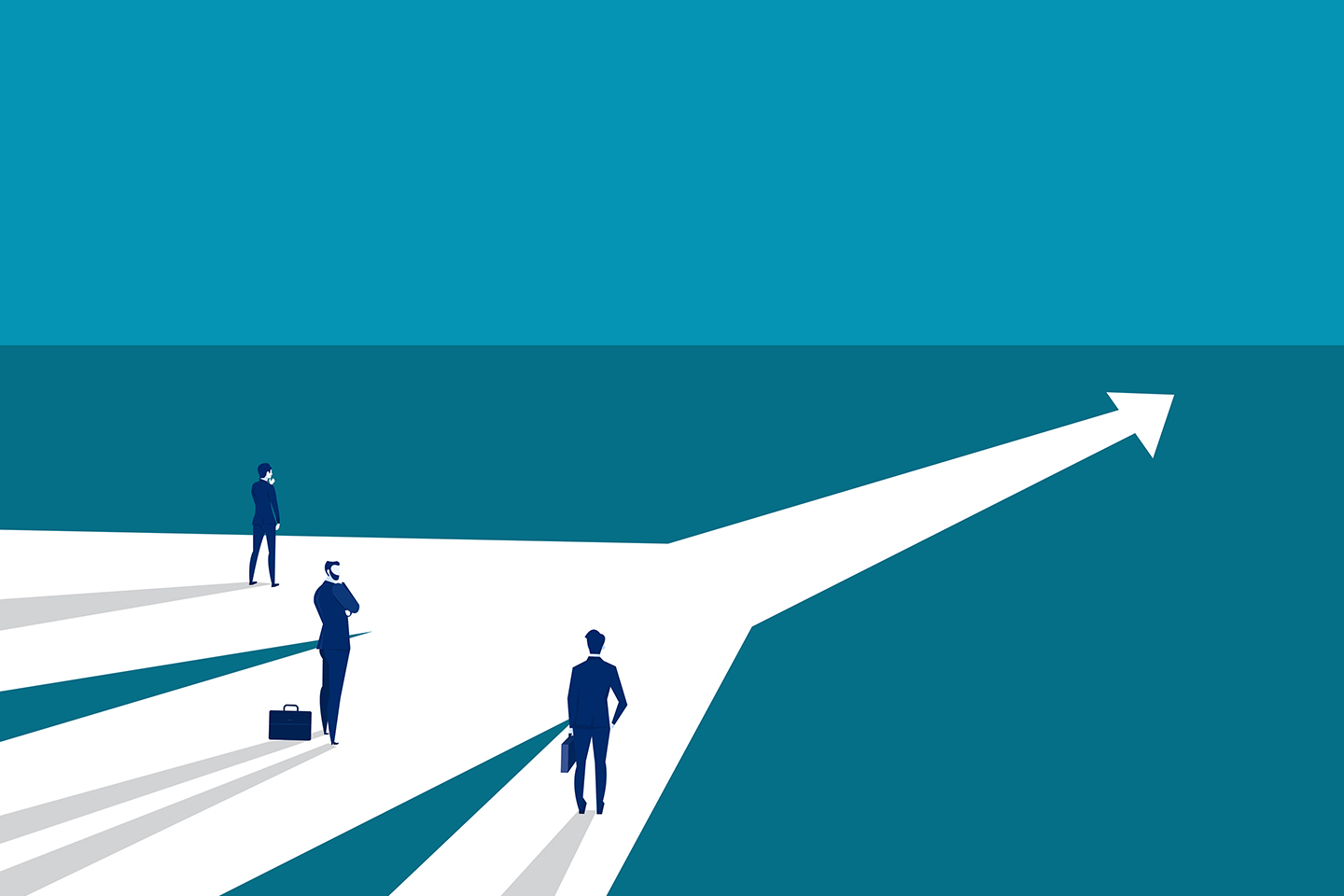 three people standing in front of one way